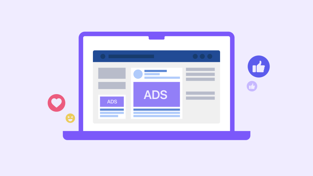 An infographic of a laptop displaying example Facebook ads. 