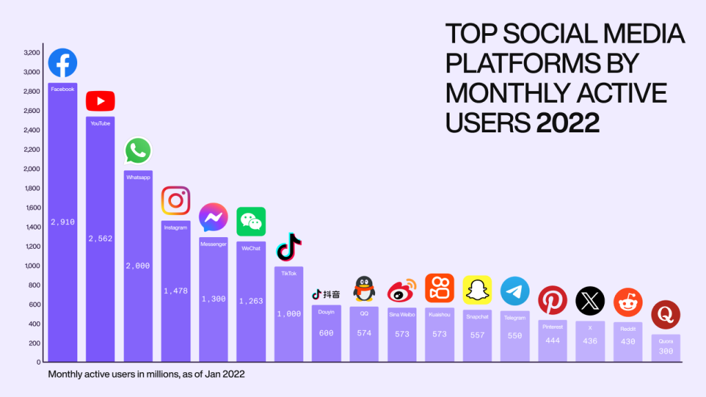 A chart detailing the top social media platforms by monthly users. 