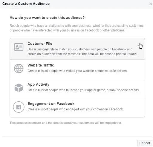 A screenshot of Facebook's custom audience toggle on its Business Manager. 