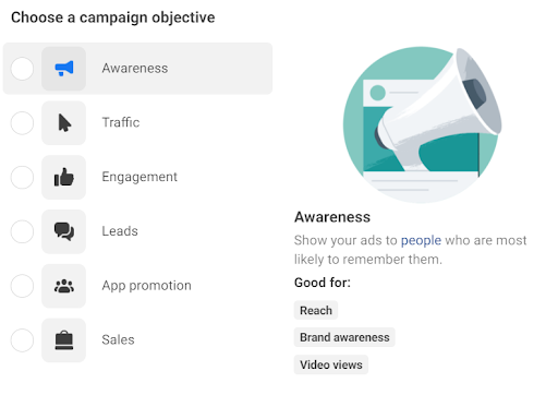 The screenshot of the campaign objective window on Facebook ads. 