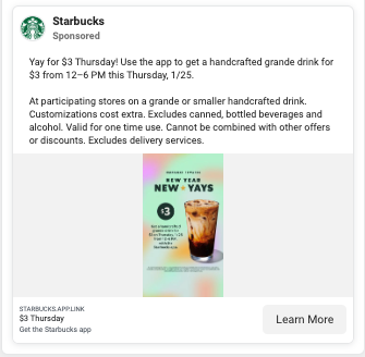 A seasonal Starbucks ad from Facebook.