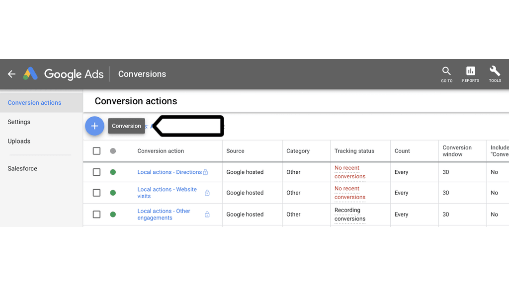 A screenshot of conversion actions on Google Ads. 
