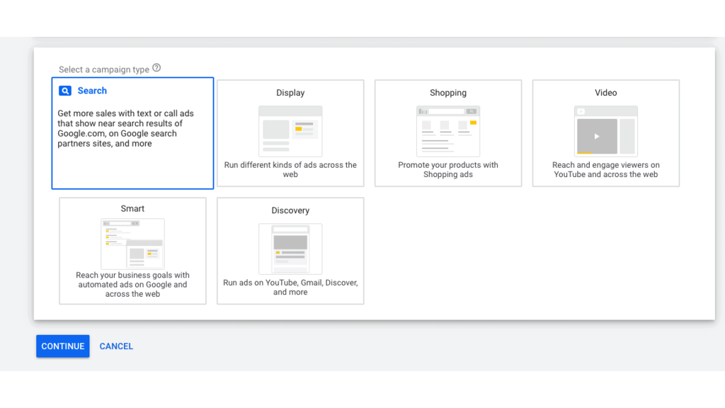 The Google Search Campaign option on Google ads. 
