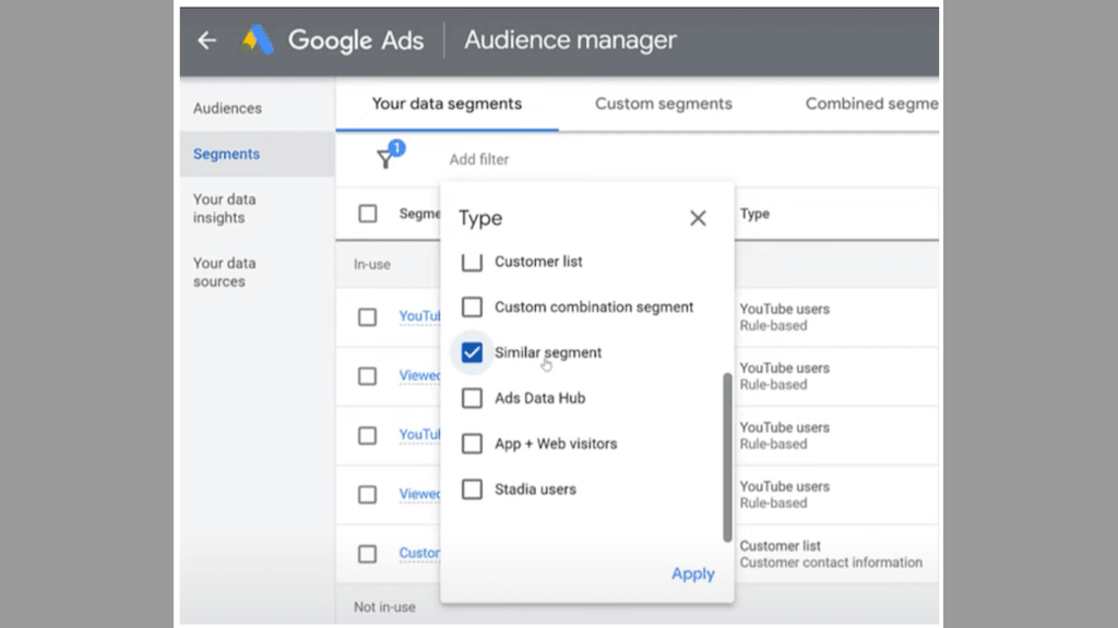 A screenshot of the Google ads audience manager, displaying in-market segments.