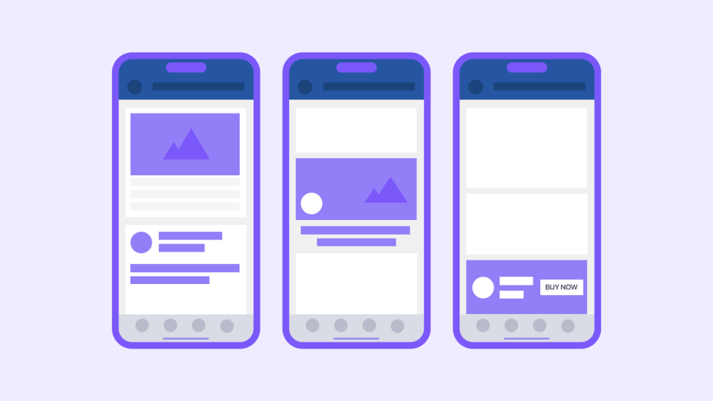 Three cellphones displaying Google Ads optimization. 